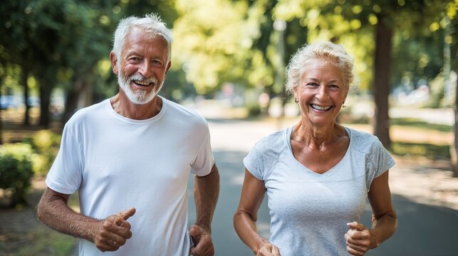 A smiling senior couple jogging together in a park on a sunny day outdoors