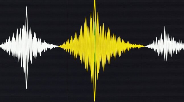 Seismic waves graph displays earthquake data. Yellow and white lines show ground motion from underground tectonic activity. Scientists analyze seismograph readings for geological events.