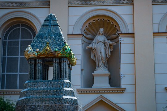 Detail of a fountain in front of a church, Pecs, Hungary