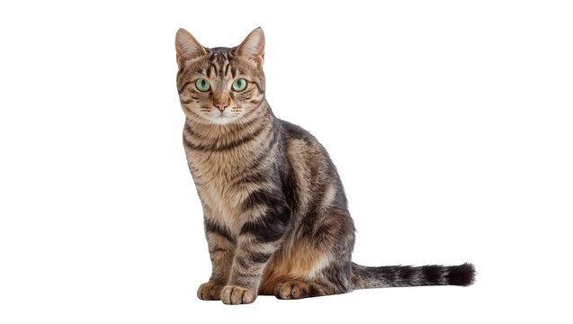 Isolated domestic tabby cat with bright green eyes sitting calmly and looking at camera