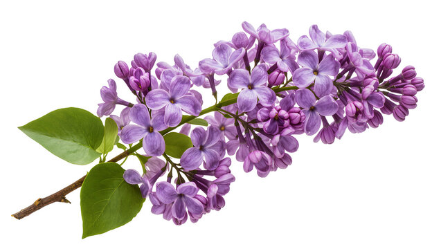 Isolated beautiful blooming purple lilac flowers sprig with delicate petals and green leaves