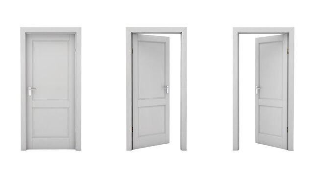 Isolated contemporary grey wooden panel doors shown in different open and closed views.