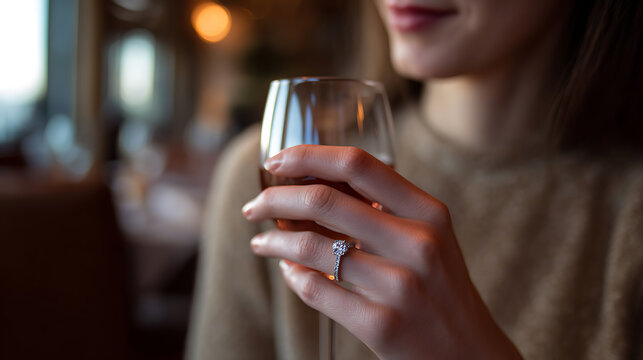 Elegant woman hold drink glass, show beautiful diamond ring. Close up of hand, jewelry sparkle, celebrate special occasion or engagement moment