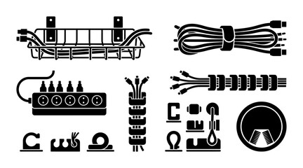Naklejka premium Cable Management Icons Set, Wire Organization Solutions, Electrical Cord Organizers, Tech Accessories Vector