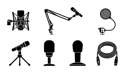 Microphone Set, Audio Recording Equipment Icons, Podcast Studio Gear Collection, Vector Graphics © Masnoon