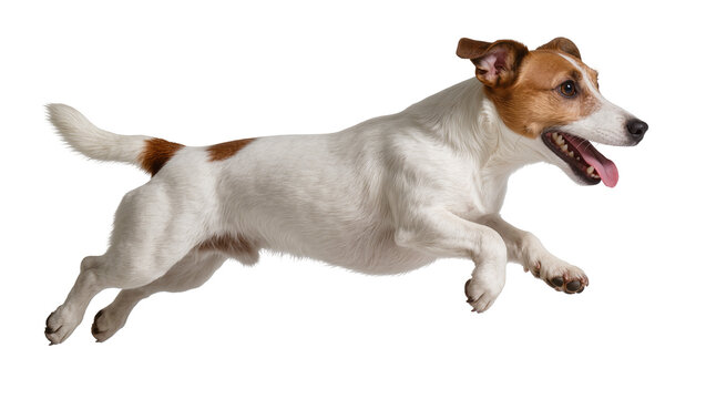 Isolated playful Jack Russell Terrier dog leaping and running with open mouth and joyful expression
