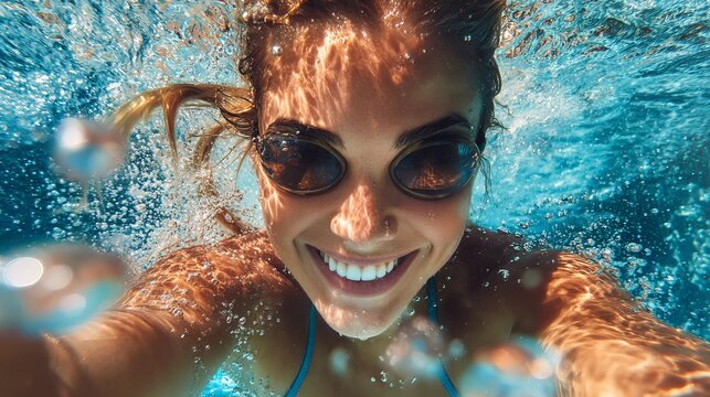 A young woman wearing sunglasses swims underwater with a big smile on her face