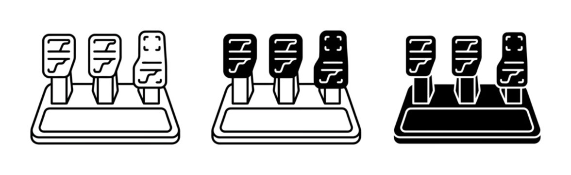 Gaming Pedals Set, Racing Simulator Controls, Three Foot Pedals Vector Icons, Black and White Graphics