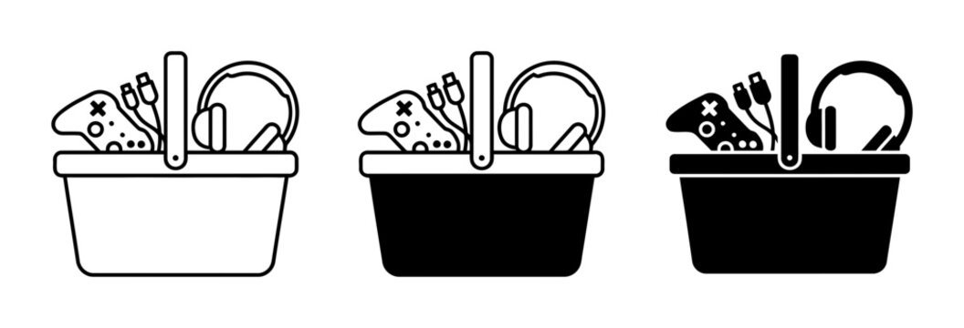 Gaming Gear Shopping Basket, Video Game Controller, Headphones, Cables, Digital Entertainment Collection