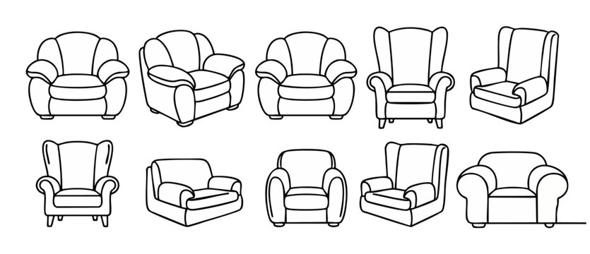 Armchair line art vector set of cozy chair outlines for interior design, home decor illustrations, coloring books, and modern furniture icons in a clean, minimalist style on an isolated background pac