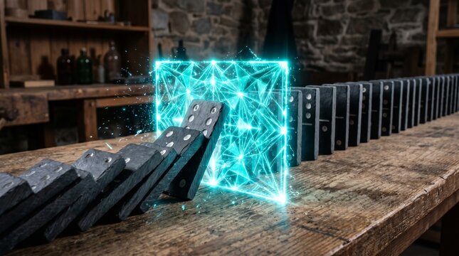 Glowing cyan energy shield stopping a chain reaction of dark falling dominoes, symbolizing proactive risk management.