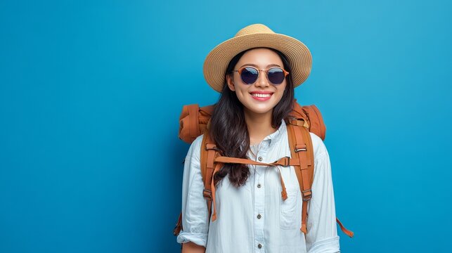 A young woman wearing a straw hat and sunglasses with a backpack on a blue background