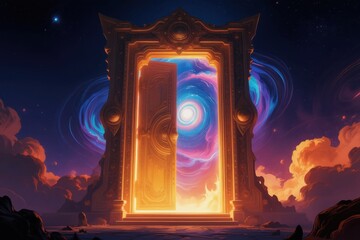 Obraz premium Golden ornate doorway opens to swirling cosmic nebula sky. Fantasy portal glows with light, stars, planets in distant galaxy. Abstract illustration invites journey to unknown dimensions.