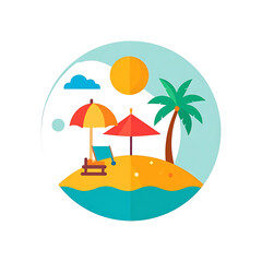 Obraz premium Tropical island beach scene with palm tree, lounge chairs and umbrellas under a bright sun, vacation and relaxation concept