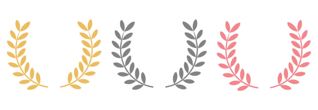 Laurel Wreath Medals. A set of three laurel wreaths, one gold, one silver, and one rose gold, symbolize victory and achievement in a competition or award ceremony.