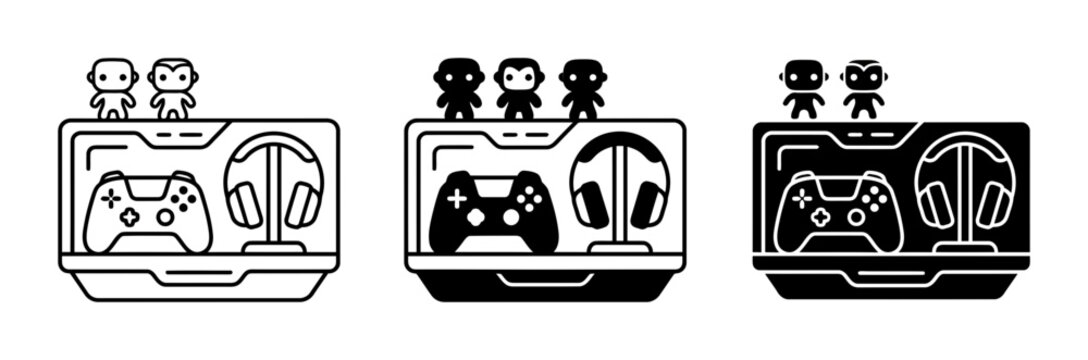Gaming Setup Icons, Video Game Controller, Headphones, and Figures, Vector Graphics