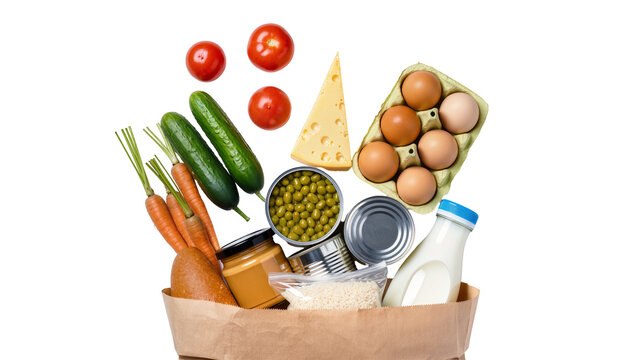 Isolated diverse fresh groceries and essential pantry items spilling from a brown paper bag