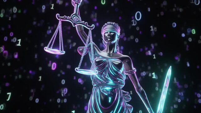 Lady Justice statue with gash circuit glowing legal digital binary