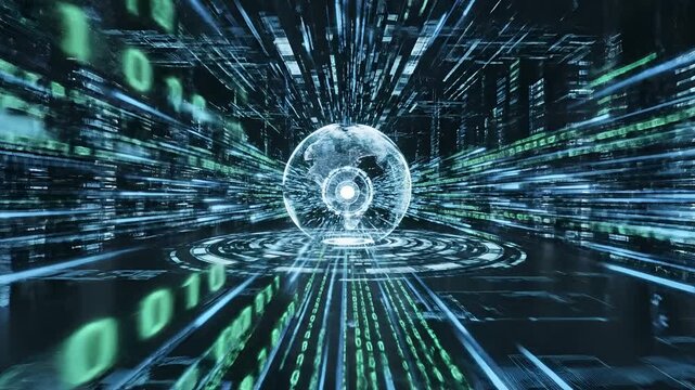 Futuristic Digital Network with Hexagonal Grids and Binary Code Flow.