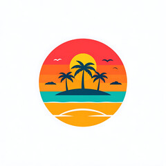 Fototapeta premium Tropical island sunset with palm trees silhouette over vibrant colorful ocean waves, retro summer vacation vibe, sunset glow