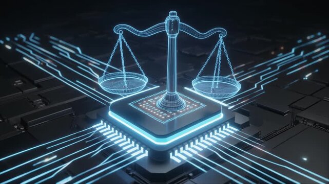 Futuristic gash circuit glowing legal scales of justice animation