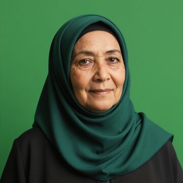 Mature Muslim woman smiling gently, wearing a dark outfit and emerald hijab. Portrait with background. Her face shows kindness and life experience.