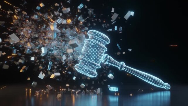 Glowing circuit gash legal gavel exploding in digital space