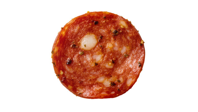 Isolated single round slice of spicy pepperoni salami with visible spices and marbling