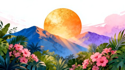 Tropical landscape with mountains and flowers
