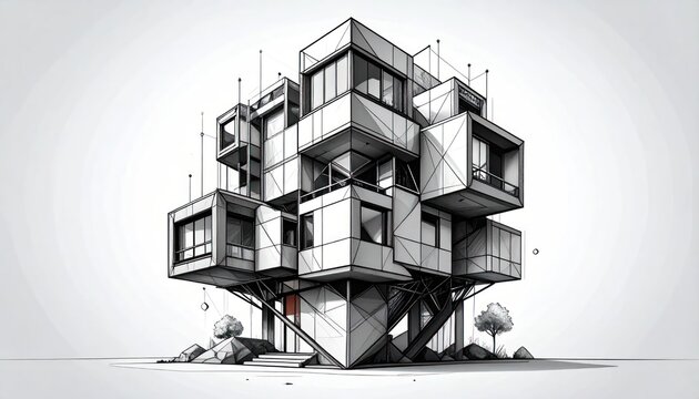 Modern modular geometric house architectural concept sketch.