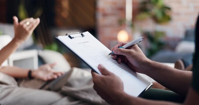 Therapist, patient and hands writing with clipboard for counseling, mental health or consultation. People, counsellor or form with client for survey, diagnosis or assessment in therapy session