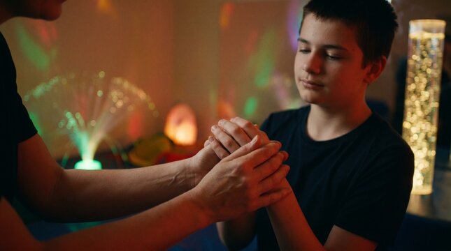 Caring therapist holding hands with a boy in a multi-sensory environment, autism support and sensory integration therapy concept.