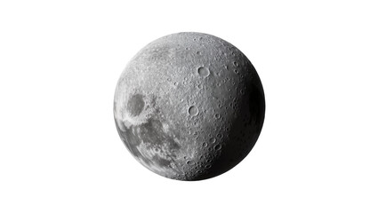 Isolated realistic gray moon or planet, detailed celestial body with textured surface and impact craters. © Andrei