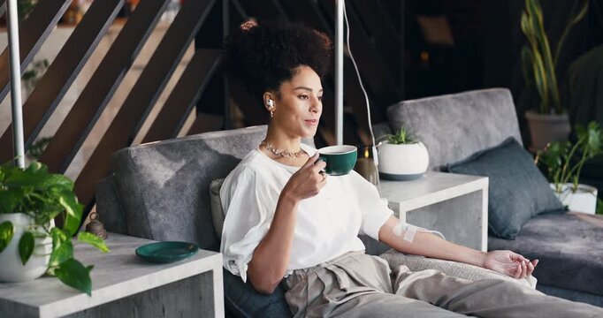 Tea, iv drip therapy or woman with wellness treatment, thinking or relax with mineral infusion. Person, client or saline solution for immune system, contemplation or vitamin boost for health benefits