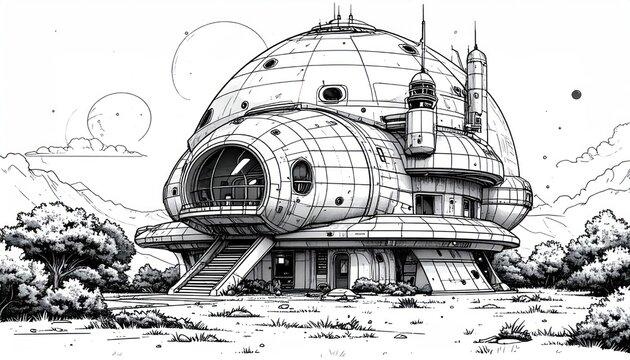 Modern sci-fi habitat base with large viewing window.