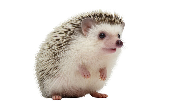 Isolated cute African pygmy hedgehog standing upright, looking forward inquisitively