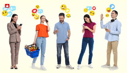 Naklejka premium People using mobile phones, collection of portraits on beige background. Social media notifications near them