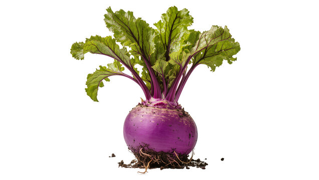 Isolated fresh organic purple turnip with vibrant green leaves and visible roots, healthy raw vegetable