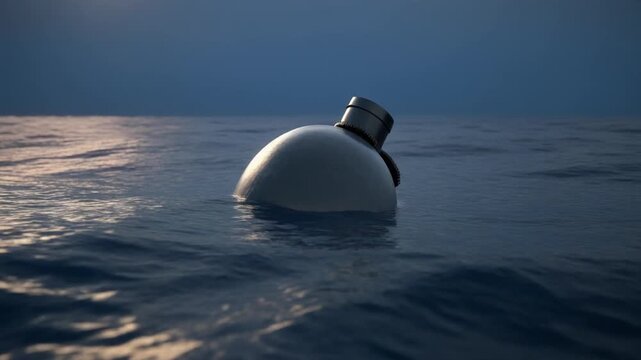 Metallic naval mine bobbing on dark blue ocean waves during sunset