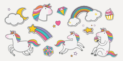 Obraz premium Colorful vector of unicorns, rainbows, and stars with playful, whimsical designs.