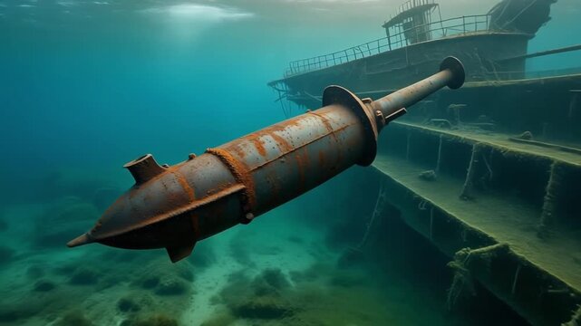 Old rusty naval mine floating near a sunlit shipwreck underwater