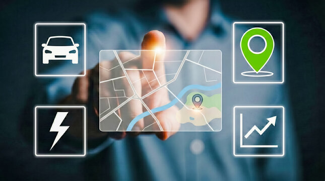 A person's finger touches a screen displaying a map with navigation markers and icons for electric vehicle representing car and power, conveying location-based services and navigation technology