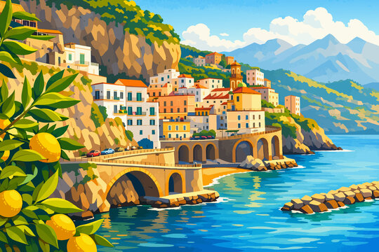 Morning view of Amalfi cityscape on coast line of mediterranean sea, Italy