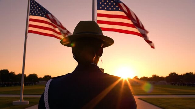 Silhouette of a uniformed official saluting against a sunset and American flags.