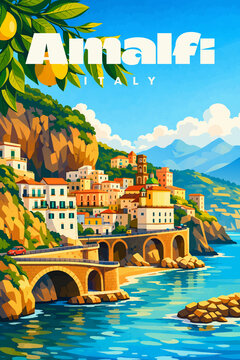 Morning view of Amalfi cityscape on coast line of mediterranean sea, Italy