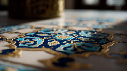 Naklejka premium Intricate Blue and Gold Oriental Pattern on Decorative Surface with Soft Focus Background; Rich Cultural Design, Shallow Depth of Field