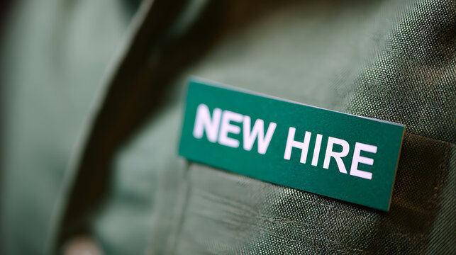 New Hire Name Tag on Professional Work Uniform Indicating Start of Employment or Onboarding Process Close-up Focus on Text