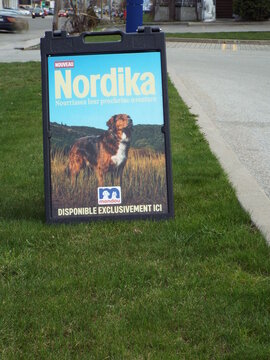 Gatineau, Quebec, Canada &ndash; May 1, 2026: A roadside sandwich board sign on a grass lawn advertises "Mondou's Nordika dog food" with an image of a dog on Boul. St-Joseph.