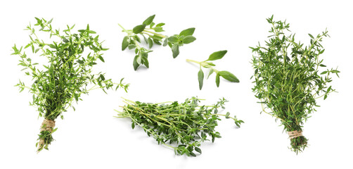 Fototapeta premium Fresh thyme isolated on white, set. Aromatic spice