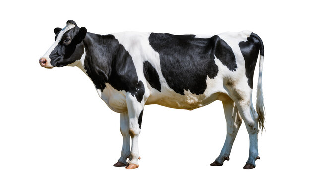 Isolated black and white Holstein Friesian dairy cow standing, side view, farm animal